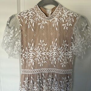 Tan and White Flutter Sleeve Midi Dress